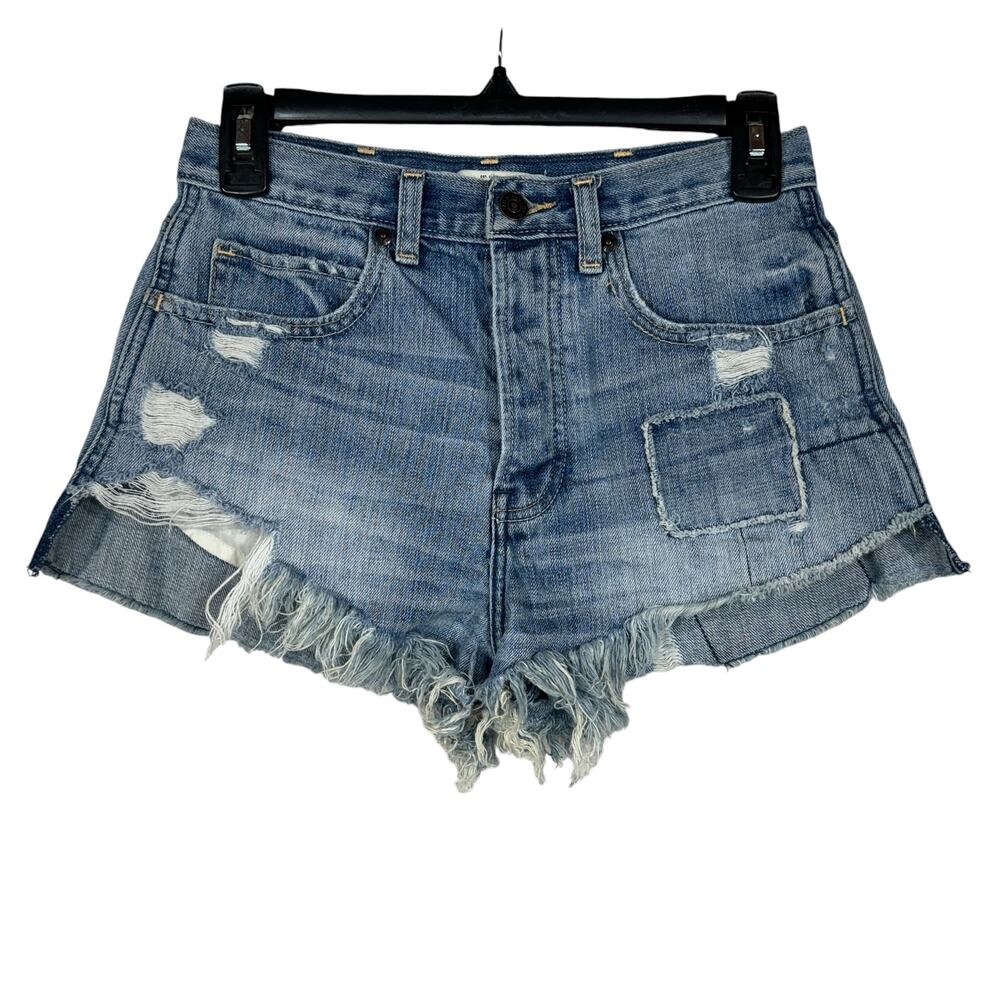 Abercrombie & Fitch SZ 0 Jean Shorts Button-Fly Frayed Hems Patches Distressed